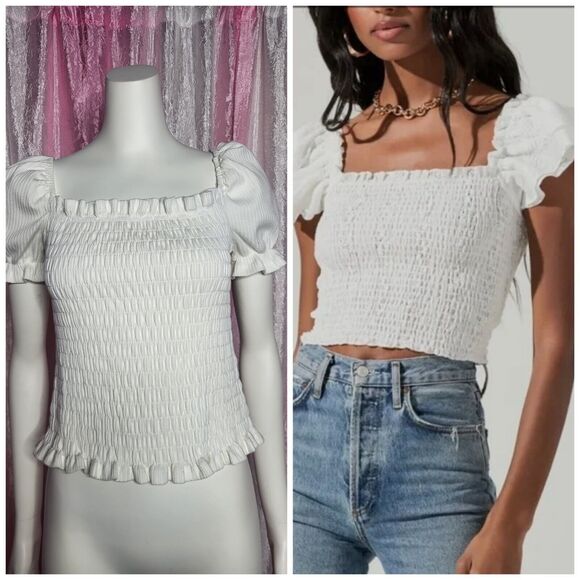 Astr The Label White Smocked Ruffle Stretch Puff Sleeves Top Size Large - Picture 1 of 11